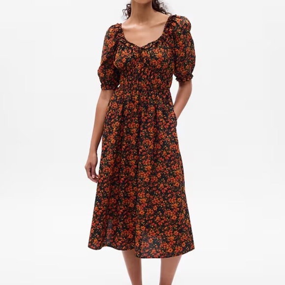 NWT Gap Puff-Sleeve Orange & black floral Midi Dress S and ST - Picture 1 of 7